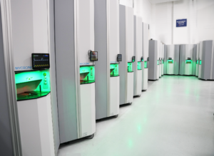 Mycronic MYTower 7+ and MYTower 6X inventory towers for automated component storage at Microboard