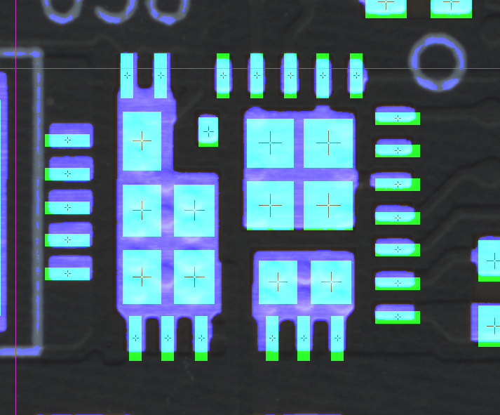 PCB overlaid with Gerber data to show pad misalignment