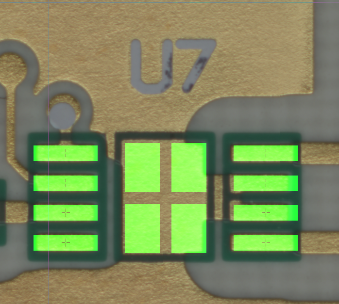 physical PCB with Gerber data overlaid to show board stretch
